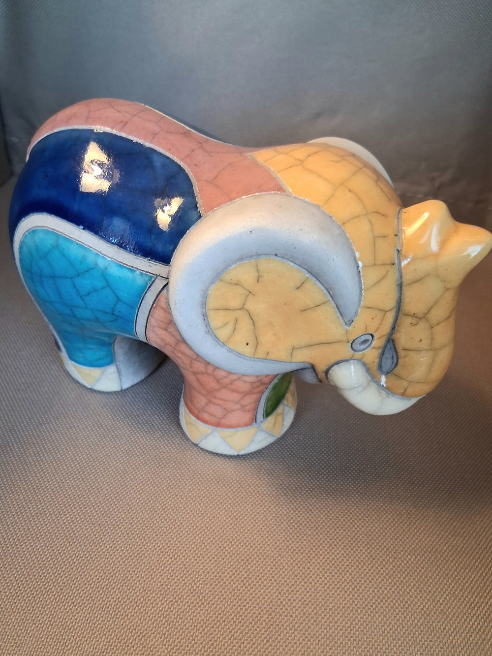 Signed S. African Raku Pottery Elephant Figurine Folk Art Multicolor Glaze 4"H